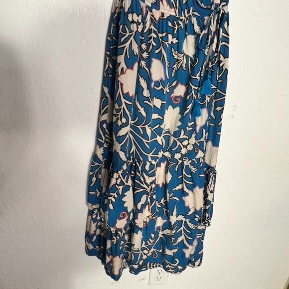Knox Rose Maxi Dress Womens Medium Blue Short Sleeve Wrap Floral Tiered Tassel - Picture 11 of 14
